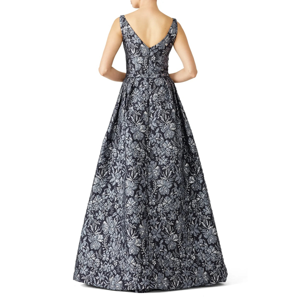 Theia Floral Slate Ballgown Dress Maxi Silver Floral $1,000 Size 8 - Picture 5 of 16
